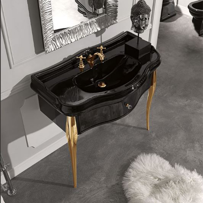 Мебель консоль для ванной черная глянцевая с фурнитурой (ножки) золото