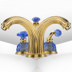 DÔME Cristal et Bronze премиум смеситель для раковины на 3 отв, финиш золото, ручки голубой хрусталь