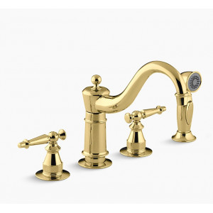 Antique Kohler K-158-4-PB премиум смеситель для кухни в ретро стиле на 4 отв, полированное золото, с боковым душем В НАЛИЧИИ