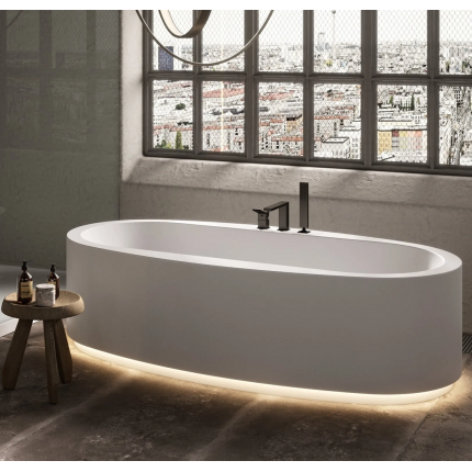 Olga Moma Design овальная ванна отдельностоящая 1800x950 из искусственного камня с площадкой под смеситель с контурной подсветкой