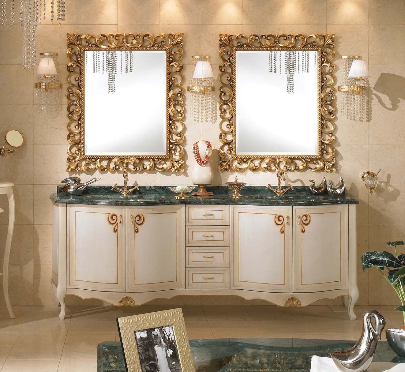 Зеркала и мебель для ванны. Lineatre Gold. Зеркало для ванной в классическом стиле. Ванная комната в стиле Барокко. Мебель для ванной комнаты классика.